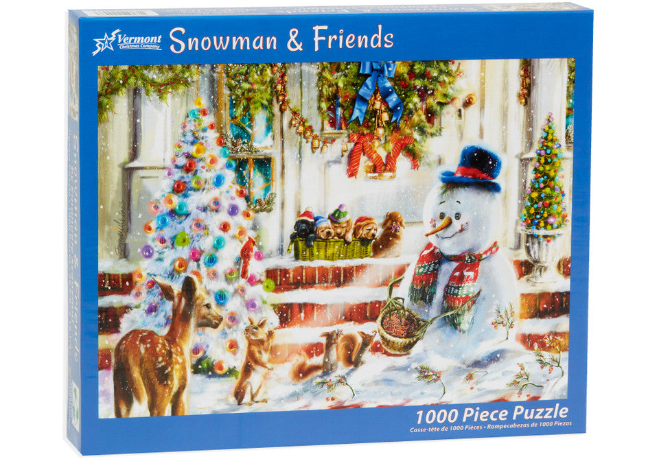 vermont christmas company 1000-piece jigsaw Puzzle box featuring a snowman and friends, festive animals with Christmas decorations.
