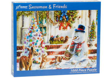 vermont christmas company 1000-piece jigsaw Puzzle box featuring a snowman and friends, festive animals with Christmas decorations.