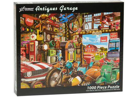 vermont christmas company 1000-piece Puzzle box featuring a colorful scene of an antique garage with various items and a car.