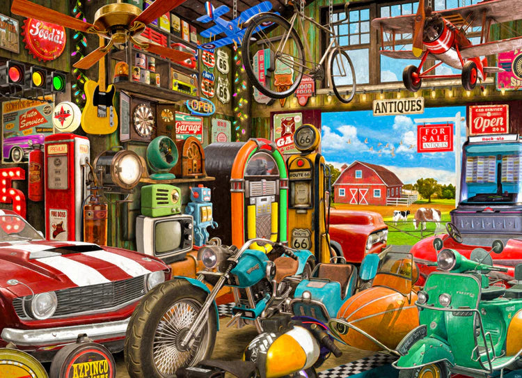 Jigsaw puzzle image showing barn and motorcycles guitars gas pumps for the Americana and Folk Art puzzle collection