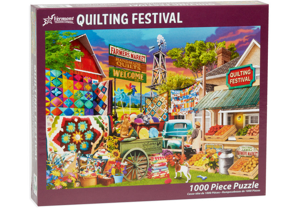 vermont christmas company 1000-piece jigsaw Puzzle box featuring a colorful scene of a quilt festival with various quilts and a market.