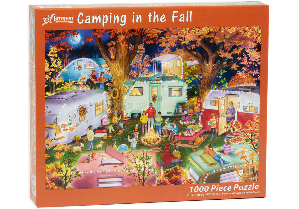 vermont christmas company 1000-piece jigsaw Puzzle box titled 'Camping in the Fall' with colorful illustration of people around campfires and RVs.