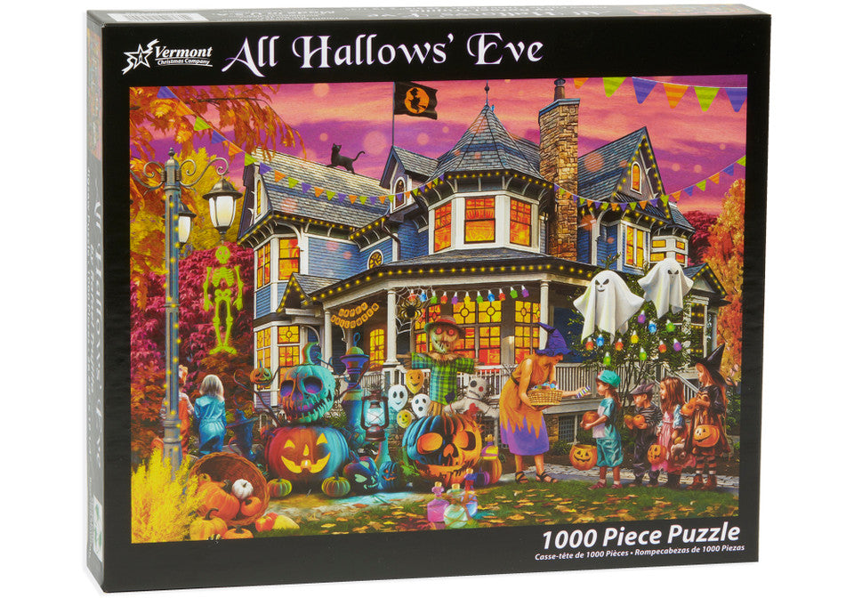 vermont christmas company 1000-piece Halloween-themed jigsaw puzzle box with colorful illustration of a haunted house and Halloween decorations.