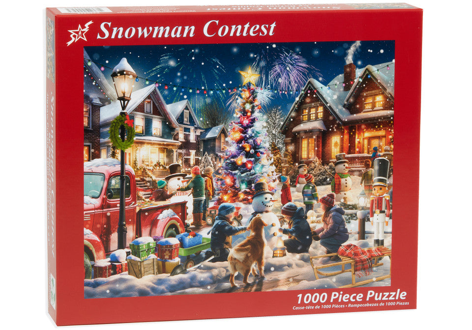 vermont christmas company 1000-piece Jigsaw puzzle box featuring a snowy village scene with people and a Christmas tree, labeled 'Snowman Contest'.