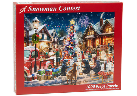 vermont christmas company 1000-piece Jigsaw puzzle box featuring a snowy village scene with people and a Christmas tree, labeled 'Snowman Contest'.