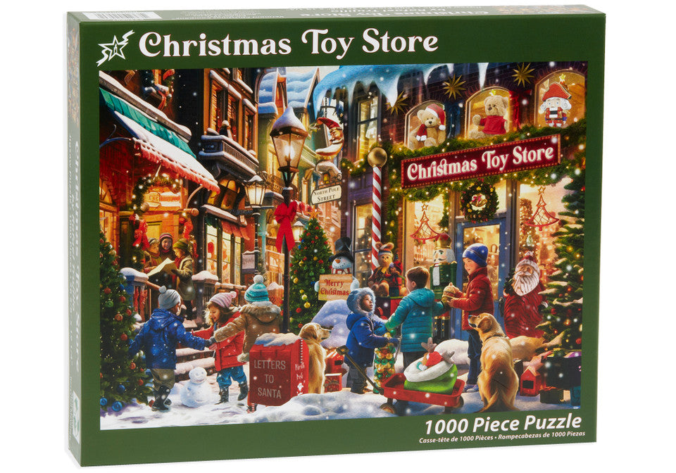 vermont christmas company 1000-piece Jigsaw puzzle box featuring a Christmas scene with children and Santa at a toy store.