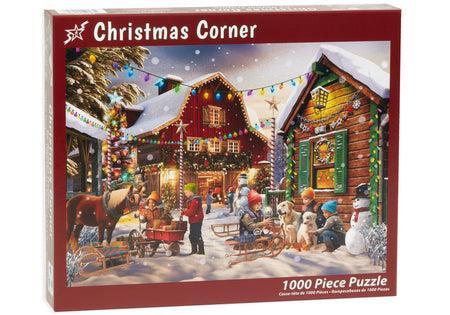 vermont christmas company 1000-piece Jigsaw puzzle box featuring a Christmas corner scene with houses, people, and a horse.