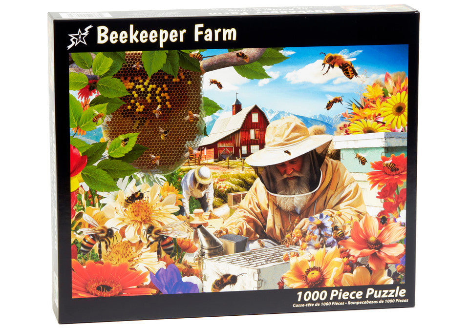 vermont christmas company 1000-piece Beekeeper Farm jigsaw puzzle box with a beekeeper and bees on the cover