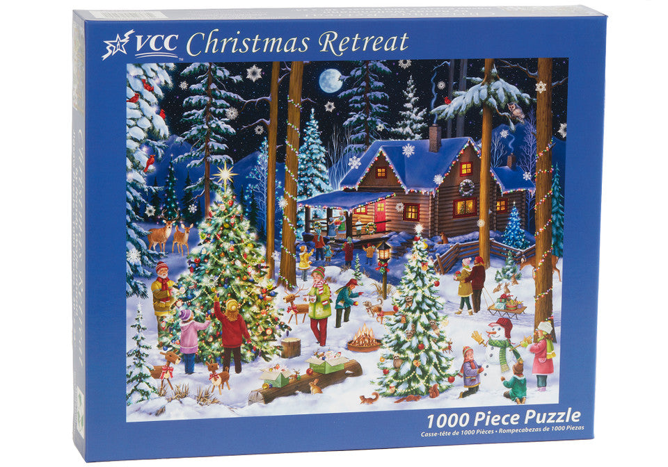 VCC Christmas Retreat 1000-piece jigsaw puzzle box with a winter scene of people around Christmas trees and a cabin.