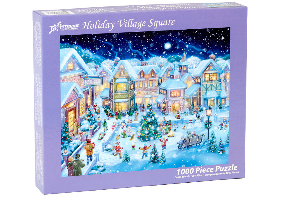 Vermont Christmas Company 1000-piece jigsaw puzzle box featuring a snowy holiday village scene with people and snowmen.