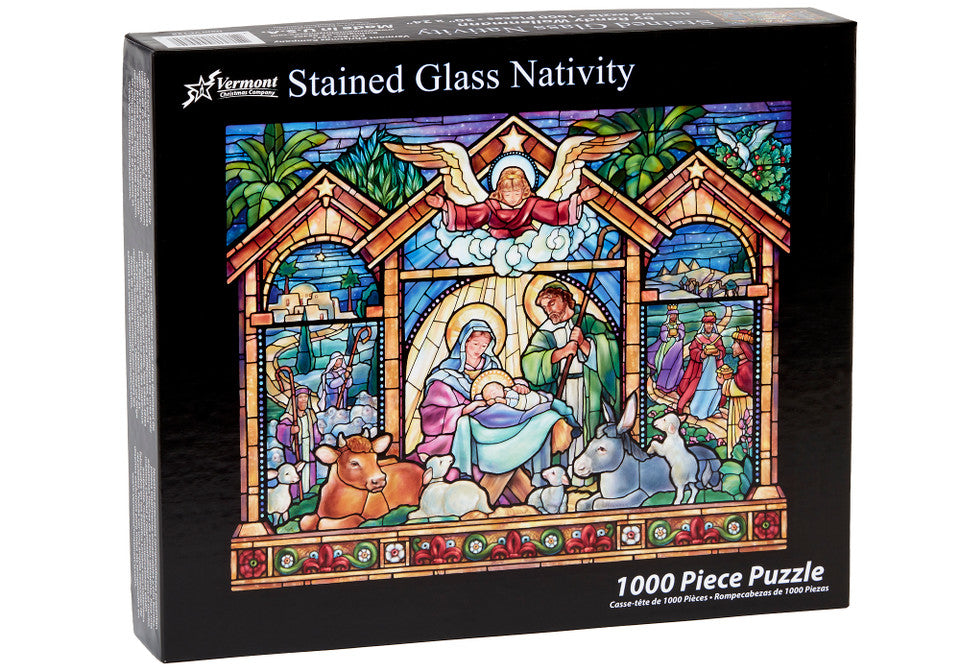 vermont christmas company 1000-piece jigsaw Puzzle box featuring a stained-glass Nativity scene design.