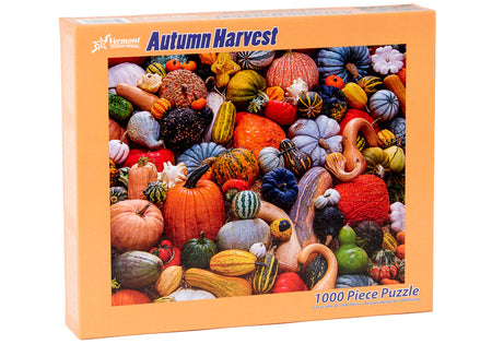 Vermont Christmas company 1000-piece jigsaw puzzle box featuring autumn harvest theme with pumpkins and gourds.