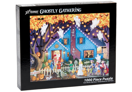 vermont christmas company 1000-piece Puzzle box titled 'Ghostly Gathering' with Halloween-themed illustration on a white background