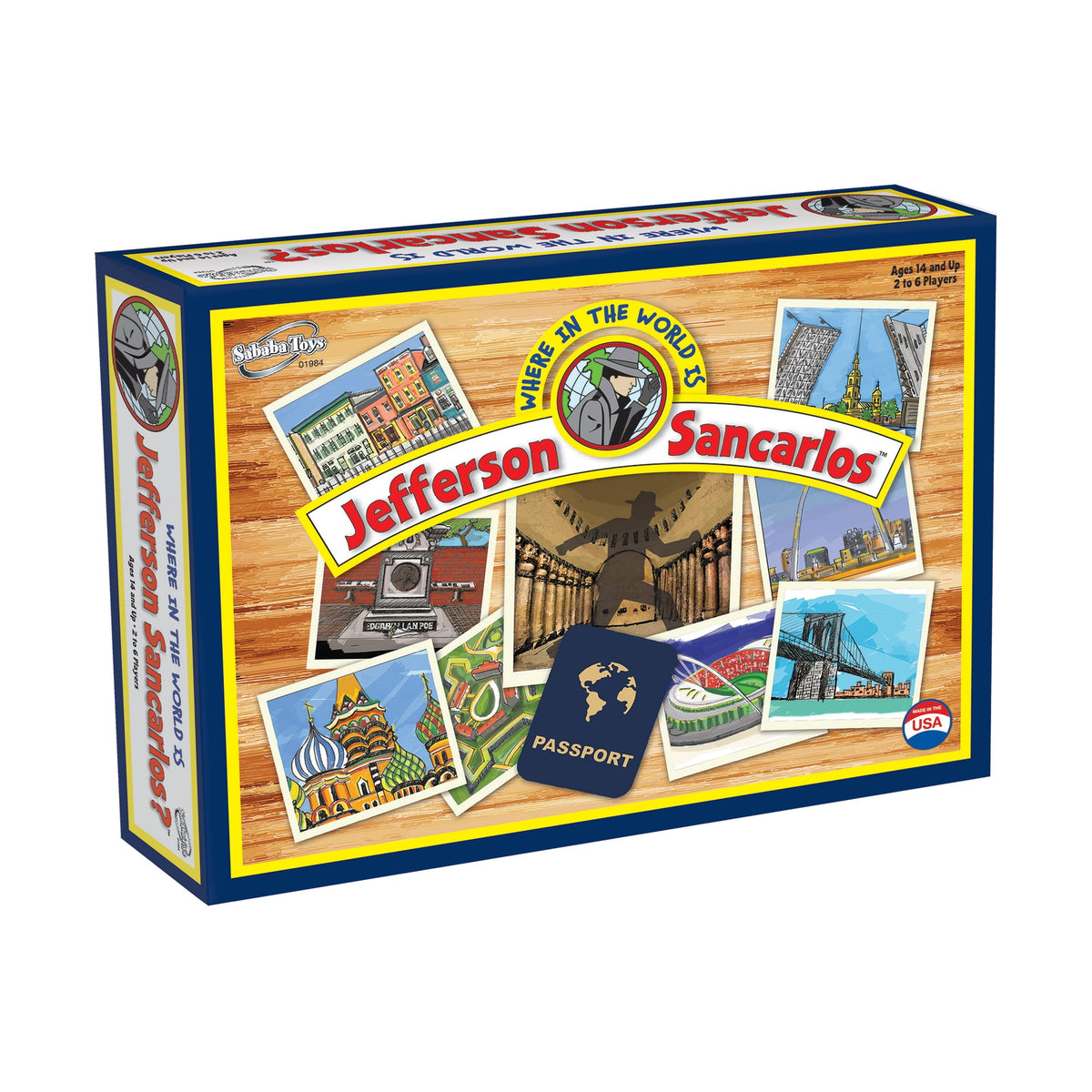 Jefferson Sancarlos travel-themed board game box by Sabaka Toys, featuring a wood-grain background with colorful postcard illustrations and a blue border.