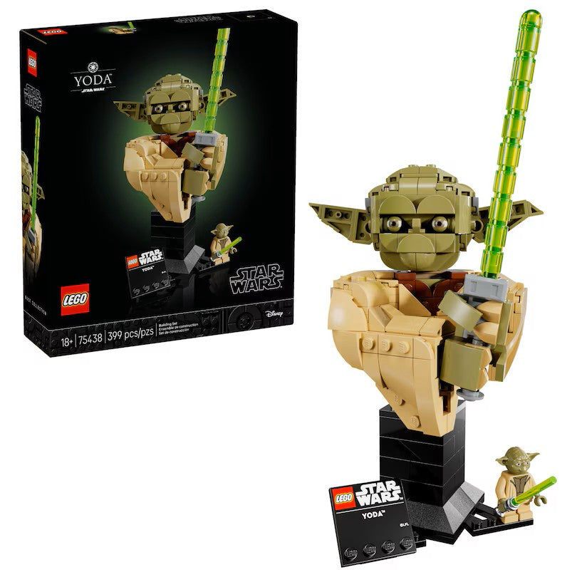 LEGO Yoda 75438 set with bust and minifigure.
