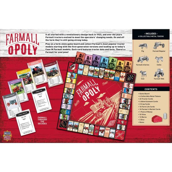 Farmall Opoly board game packaging with game components on a red background