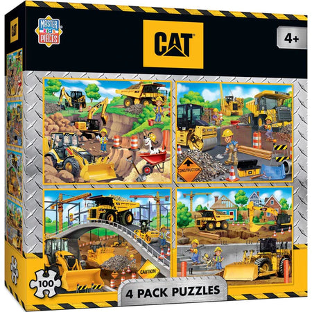 masterpieces kids Box of 4-pack CAT construction jigsaw puzzles with images of construction vehicles and workers.