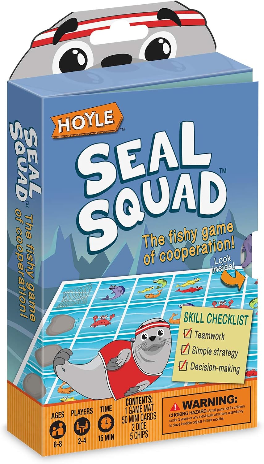Hoyle Seal Squad cooperative game box shown at a slight angle, featuring a blue and orange design with cartoon seals and a grid board visible on the front.