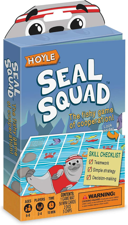 Hoyle Seal Squad cooperative game box shown at a slight angle, featuring a blue and orange design with cartoon seals and a grid board visible on the front.