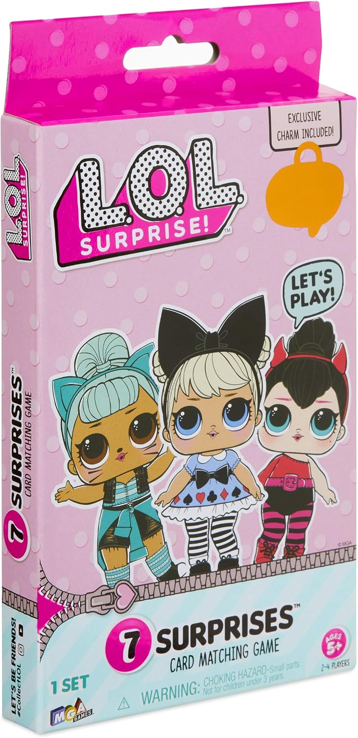 LOL Surprise! Card Matching Game box showing three illustrated doll characters on a pink and light blue package with a die-cut hanging top.