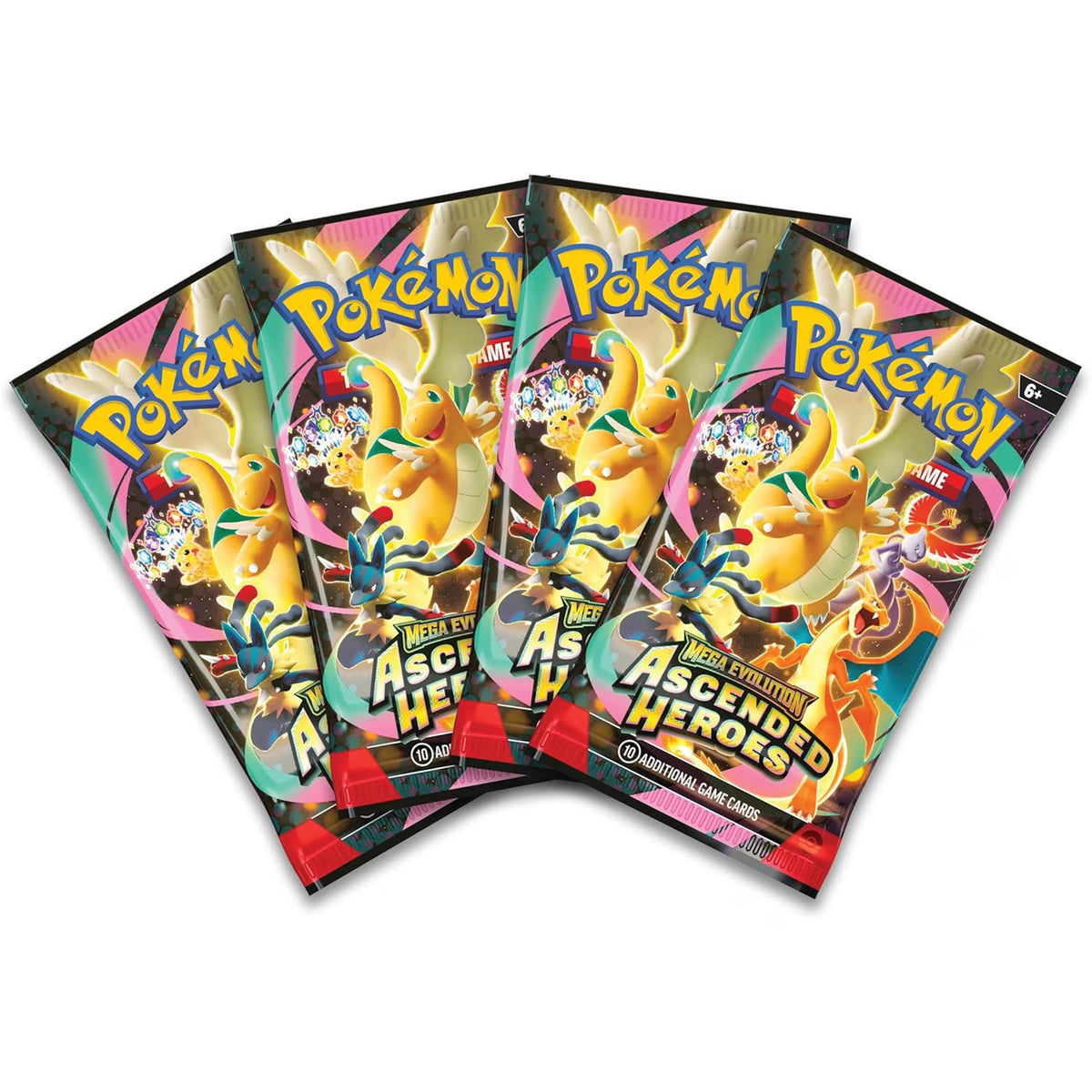 Four Pokémon trading card game packs featuring Mega Evolution Ascended Heroes on a white background.