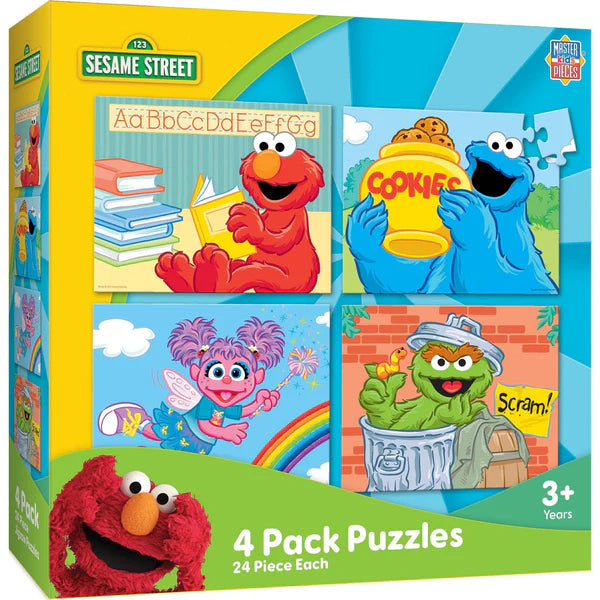 MasterPieces kids Sesame Street 4-pack puzzles packaging with Elmo, Cookie Monster, Abby Cadabby, and Oscar the Grouch.