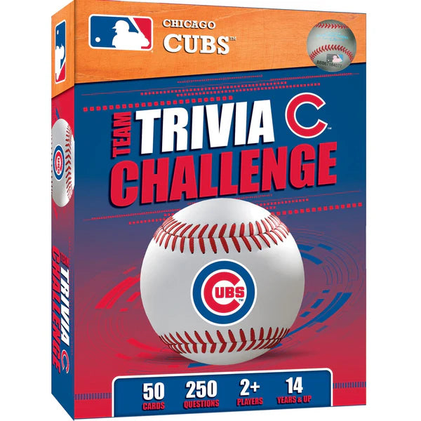 MasterPieces Chicago Cubs trivia challenge game box with a baseball on a blue and red background