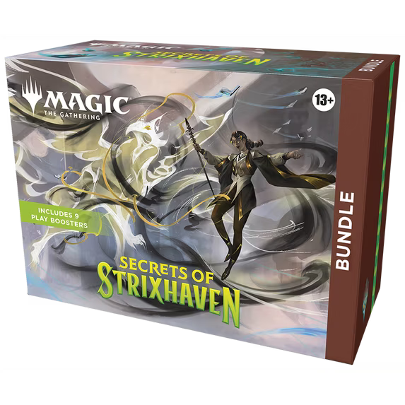 Box for 'Secrets of Strixhaven' bundle from Magic: The Gathering with character and dragon illustration.