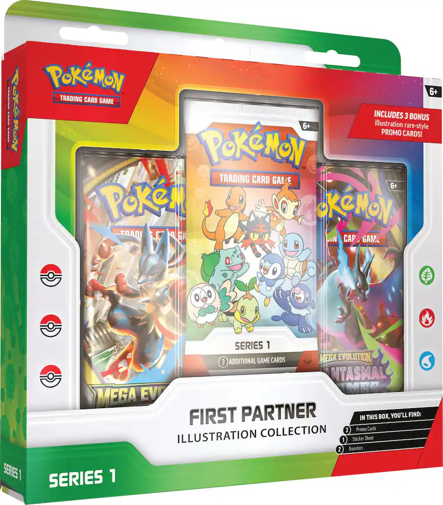 Pokémon trading card game packaging with illustrations and promotional text First Partner series 1