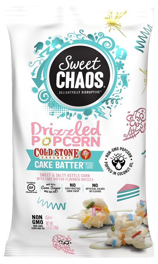 5 oz Sweet Chaos Drizzled Popcorn packaging with colorful design and text.