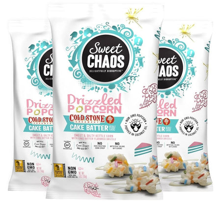 3 bags of 5 oz Sweet Chaos Drizzled Popcorn packaging with colorful design and text.