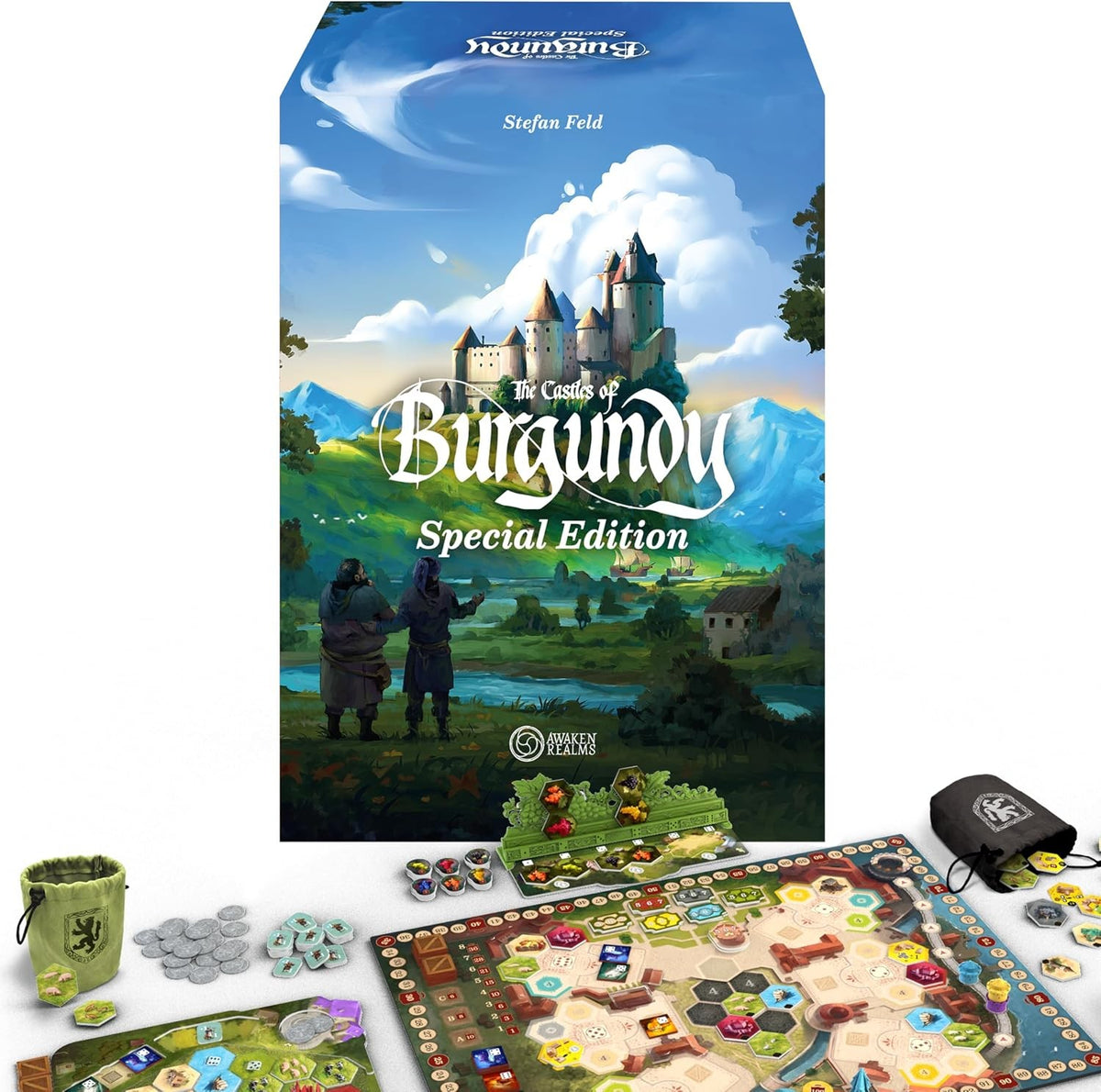 Board game 'The Castles of Burgundy' with components on a white background