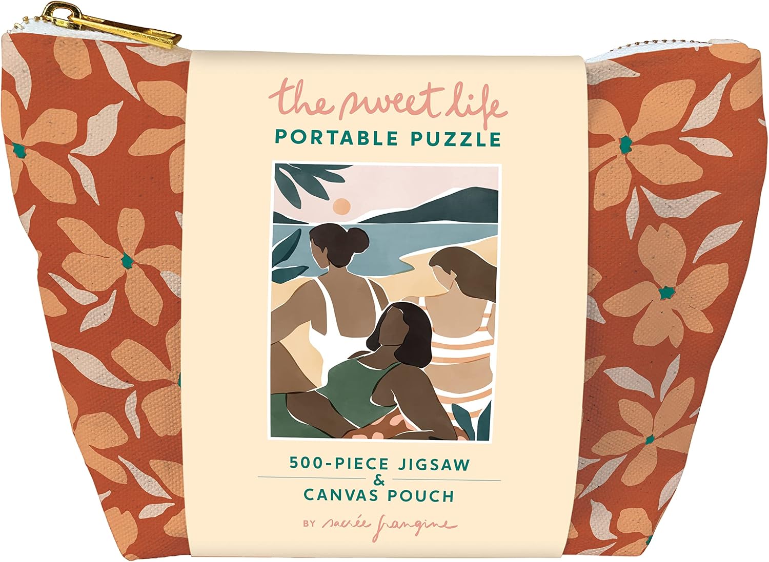 A zippered portable puzzle pouch from Chronicle Books with a warm floral pattern on the sides and a cream center label. The label reads 'the sweet life PORTABLE PUZZLE' and '500-PIECE JIGSAW & CANVAS POUCH' with a central illustrated scene of women by the water.