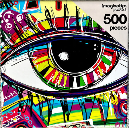 Colorful box image of a 500 piece jigsaw puzzle of an eye