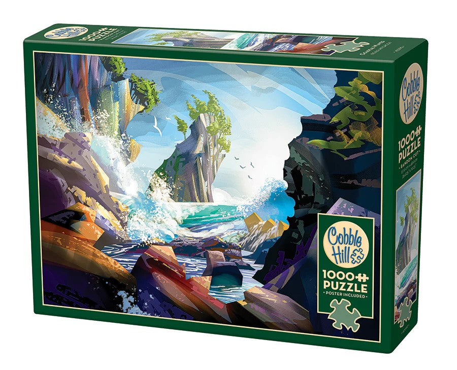 Cobble Hill puzzle box with a scenic design of a waterfall and mountains.