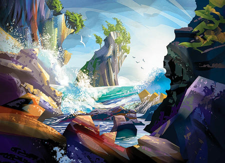 Colorful cobble hill Coastal Waves jigsaw puzzle illustration of a mountainous landscape with waterfalls and cliffs.