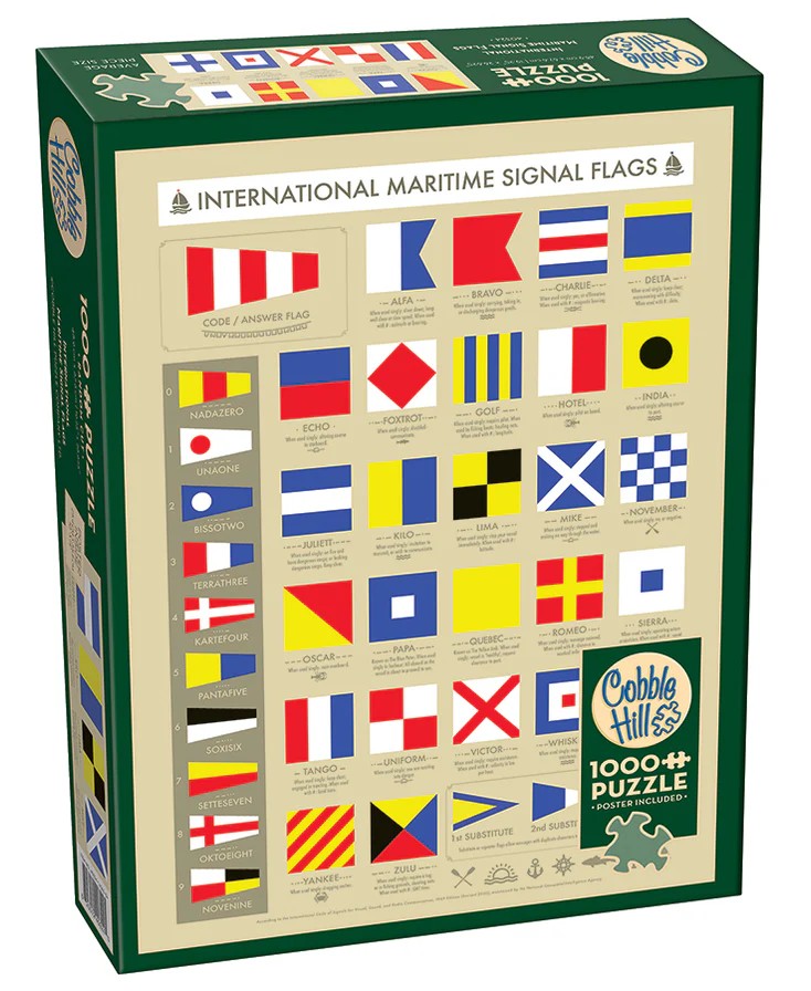 Cobble Hill 1000-piece jigsaw puzzle box featuring international maritime signal flags on a beige background