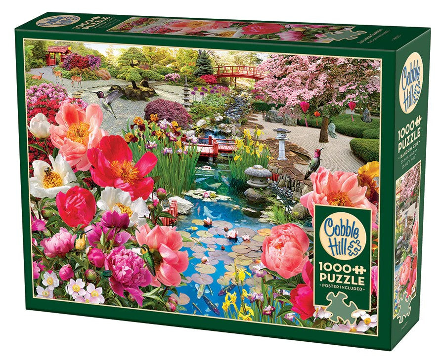 cobble hill 1000-piece Jigsaw puzzle box featuring a japanese garden scene with flowers and a pond.