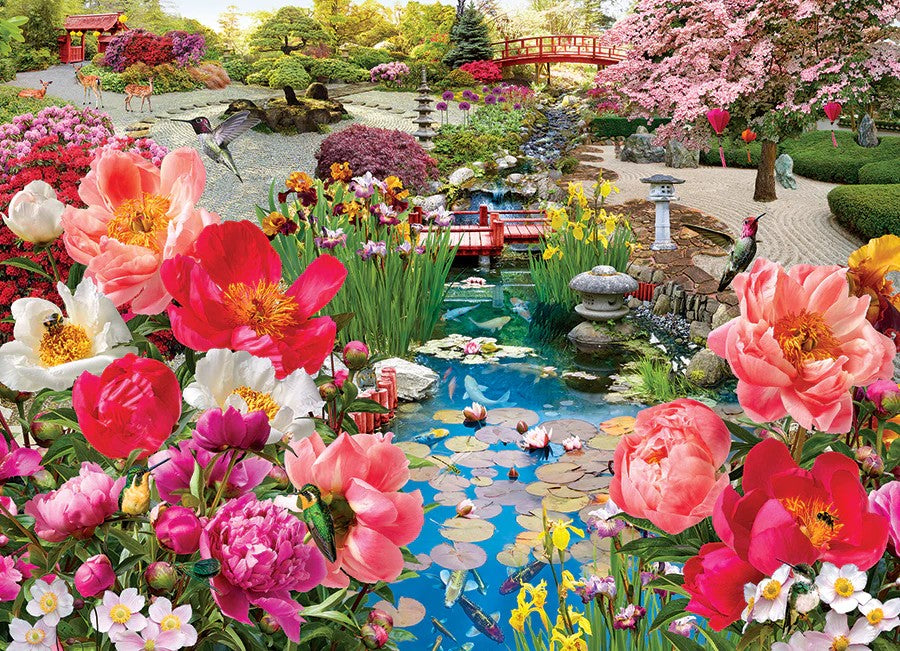 cobble hill 1000-piece jigsaw puzzle of Colorful Japanese garden scene with flowers, a pond, and a bridge.