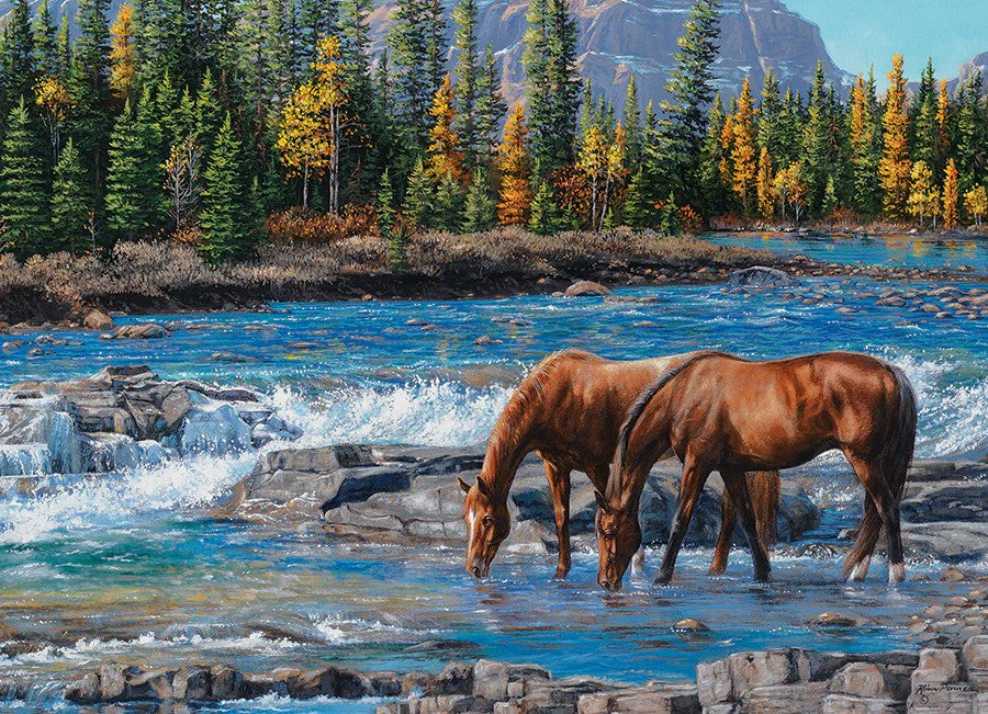 cobble hill 1000-piece jigsaw puzzle of Two horses drinking water from a river with a forest and mountains in the background