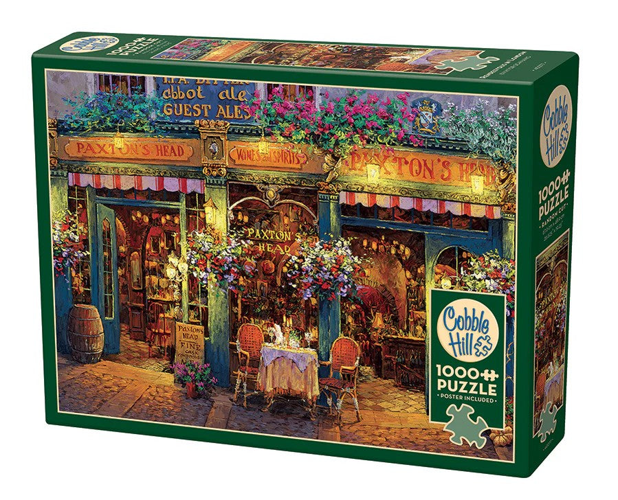 Cobble Hill 1000-piece jigsaw puzzle box featuring a London pub scene with 'Paxton's Head' sign.