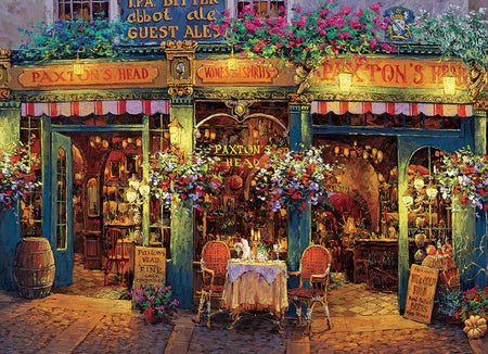 Cobble hill 1000-piece jigsaw puzzle of colorful London pub exterior with 'Paxton's Head' sign and floral decorations.