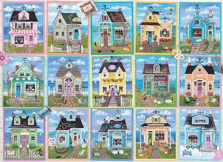 cobble hill Seaside Shops jigsaw puzzle featuring Grid of colorful illustrated houses with various architectural styles and landscapes.