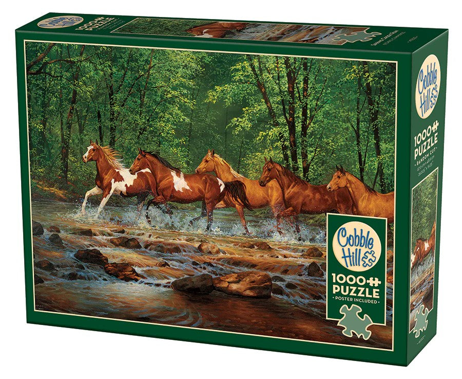 Cobble Hill puzzle box with horses crossing a stream in a forest