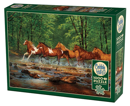 Cobble Hill puzzle box with horses crossing a stream in a forest