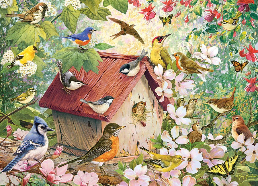 cobble hill 1000-piece jigsaw puzzle of Colorful birds around a birdhouse with flowers and leaves.