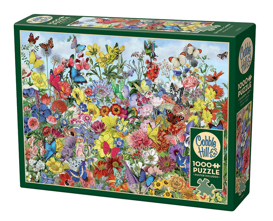 Cobble Hill 1000-piece jigsaw puzzle box with colorful floral and butterfly design
