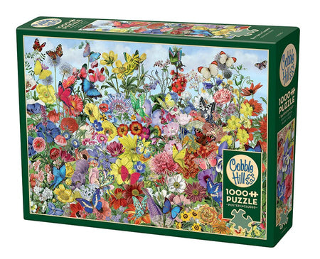 Cobble Hill 1000-piece jigsaw puzzle box with colorful floral and butterfly design