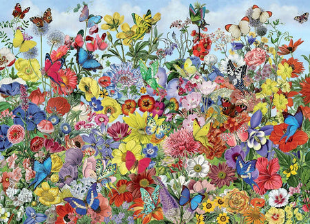 Cobble hill 1000-piece jigsaw puzzle of colorful flowers and butterflies in a garden setting