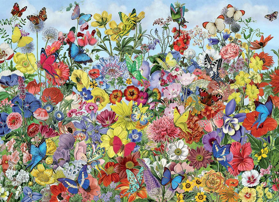Cobble hill 1000-piece jigsaw puzzle of colorful flowers and butterflies in a garden setting